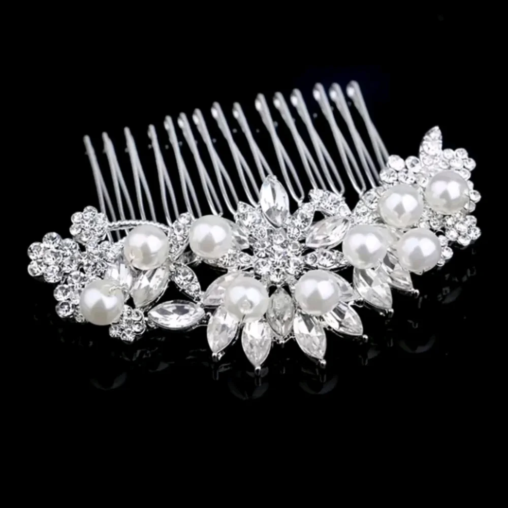 Wedding Hair Comb Silver and White Floral Rhinestone Faux Pearl Bridal Hair Comb